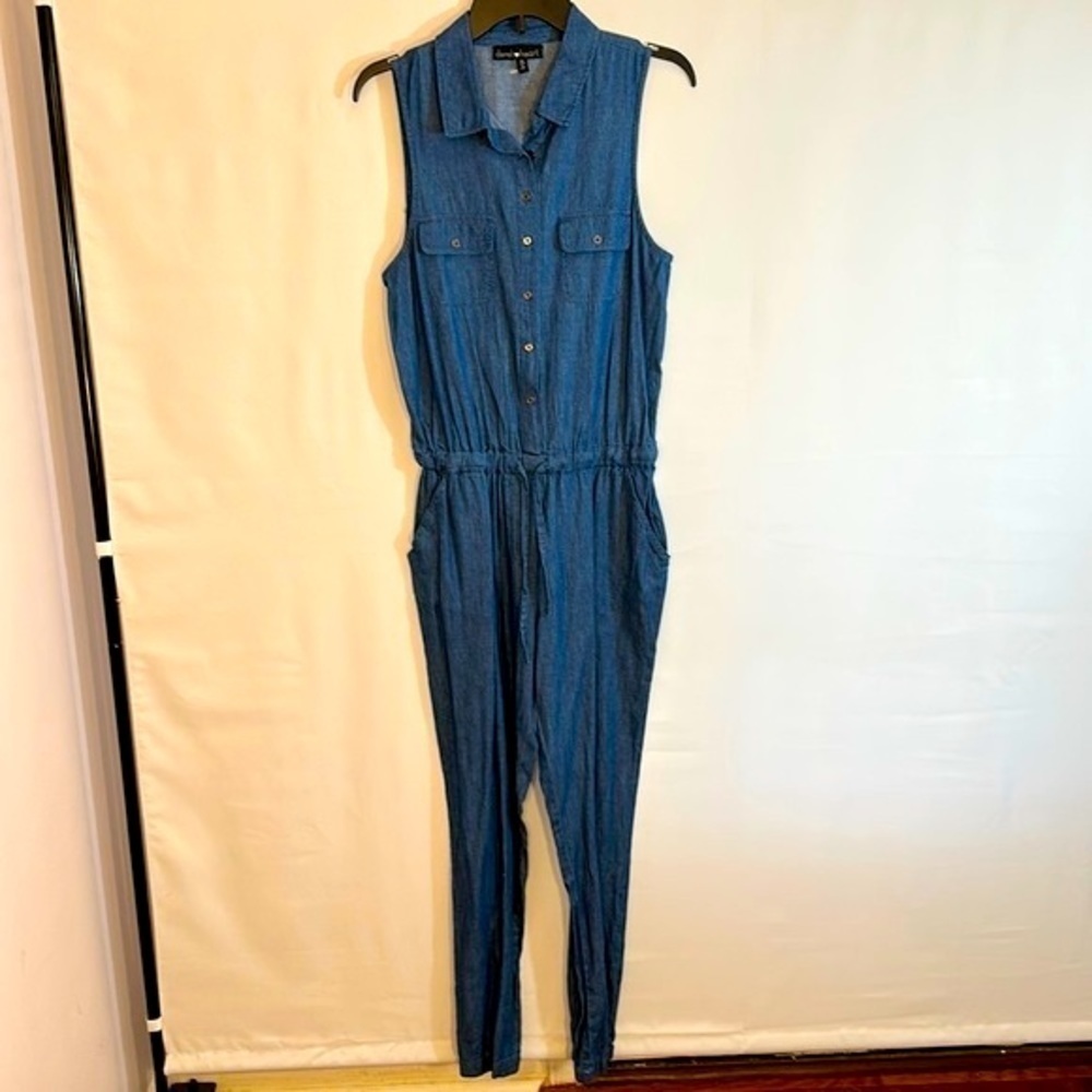 Derek Heart Jumper Jumpsuit Romper Sz M Sleeveless Blue Chambray Denim Collared - Picture 9 of 12